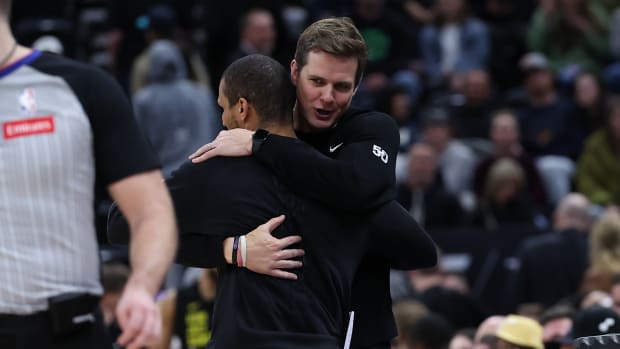 Mar 12, 2024; Salt Lake City, Utah, USA; Utah Jazz head coach Will Hardy gives Boston Celtics head coach Joe Mazzulla a hug after the game at Delta Center. Mandatory Credit: Rob Gray-USA TODAY Sports